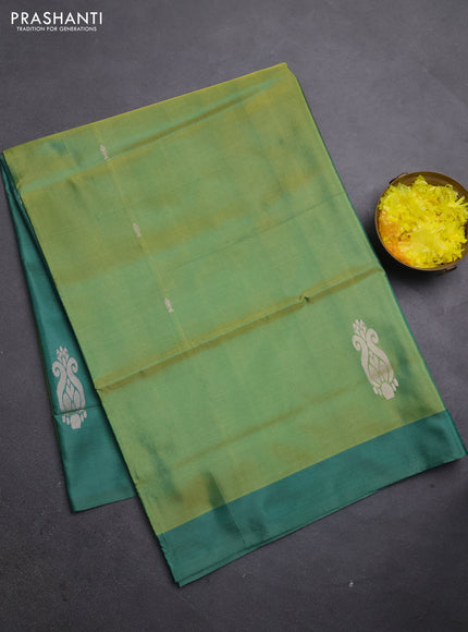 Banana pith saree light green and green with thread woven buttas and simple border