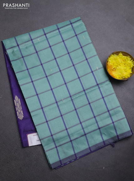 Banana pith saree pastel green and violet with allover checks & thread woven buttas in borderless style