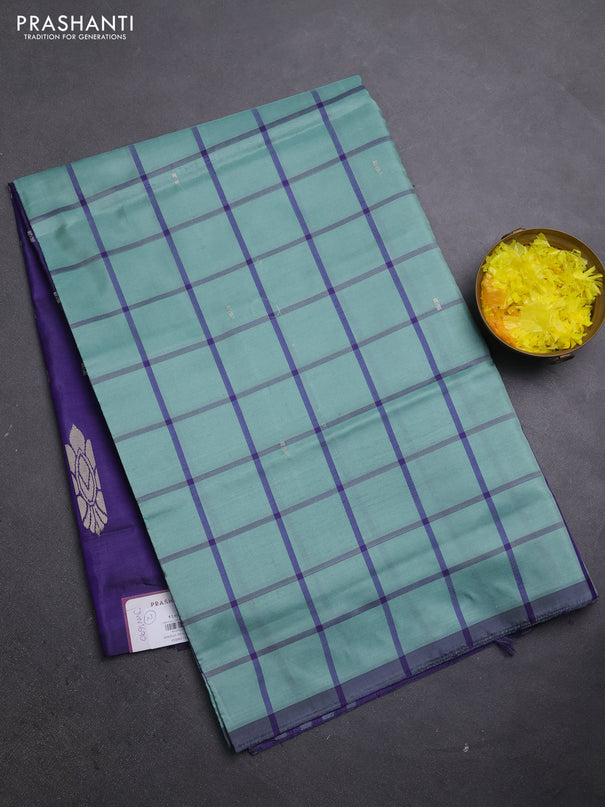 Banana pith saree pastel green and violet with allover checks & thread woven buttas in borderless style