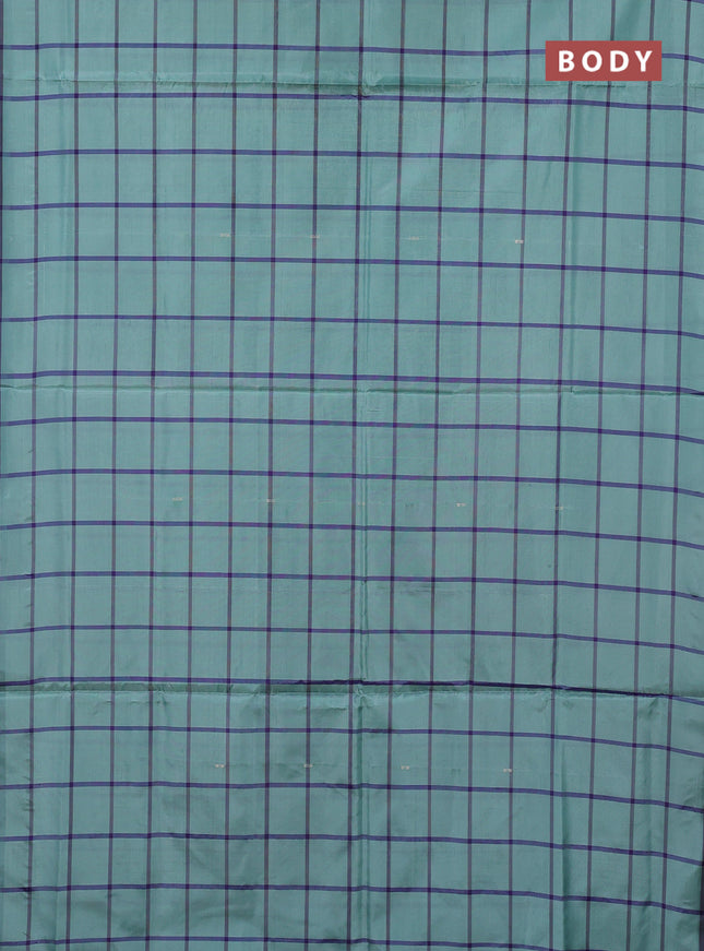 Banana pith saree pastel green and violet with allover checks & thread woven buttas in borderless style