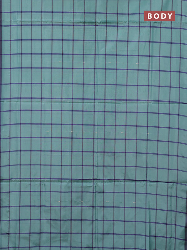 Banana pith saree pastel green and violet with allover checks & thread woven buttas in borderless style