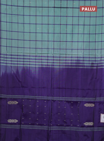 Banana pith saree pastel green and violet with allover checks & thread woven buttas in borderless style