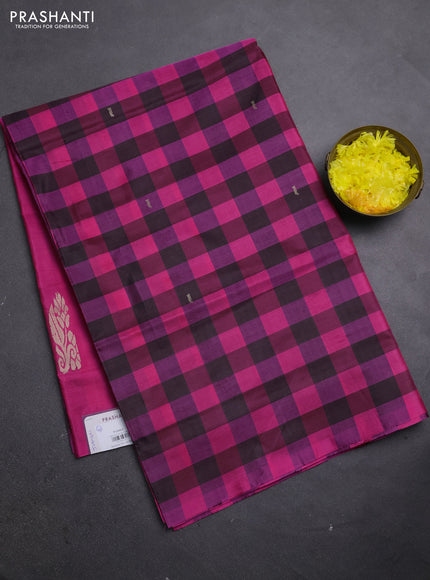 Banana pith saree maroon and pink with allover checks & thread woven buttas in borderless style