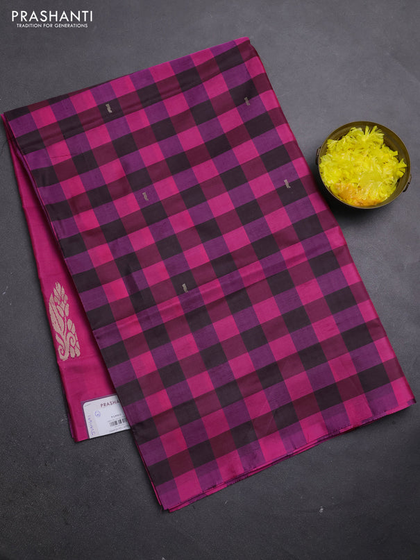 Banana pith saree maroon and pink with allover checks & thread woven buttas in borderless style
