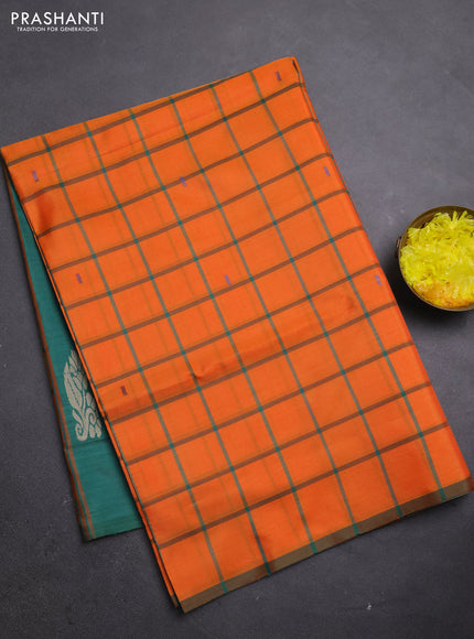 Banana pith saree orange and green with allover checks & thread woven buttas in borderless style