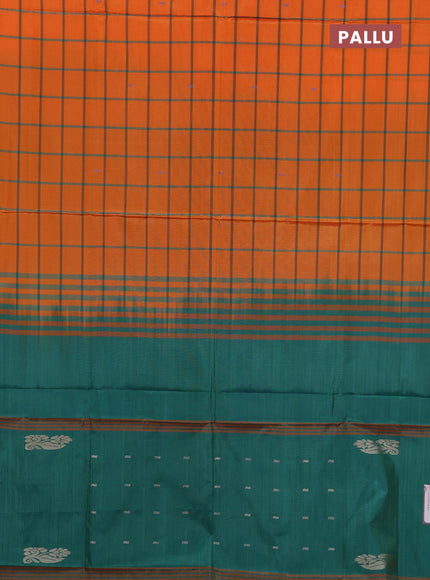 Banana pith saree orange and green with allover checks & thread woven buttas in borderless style