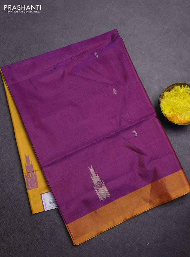 Banana pith saree purple and yellow shade with thread woven buttas and simple border