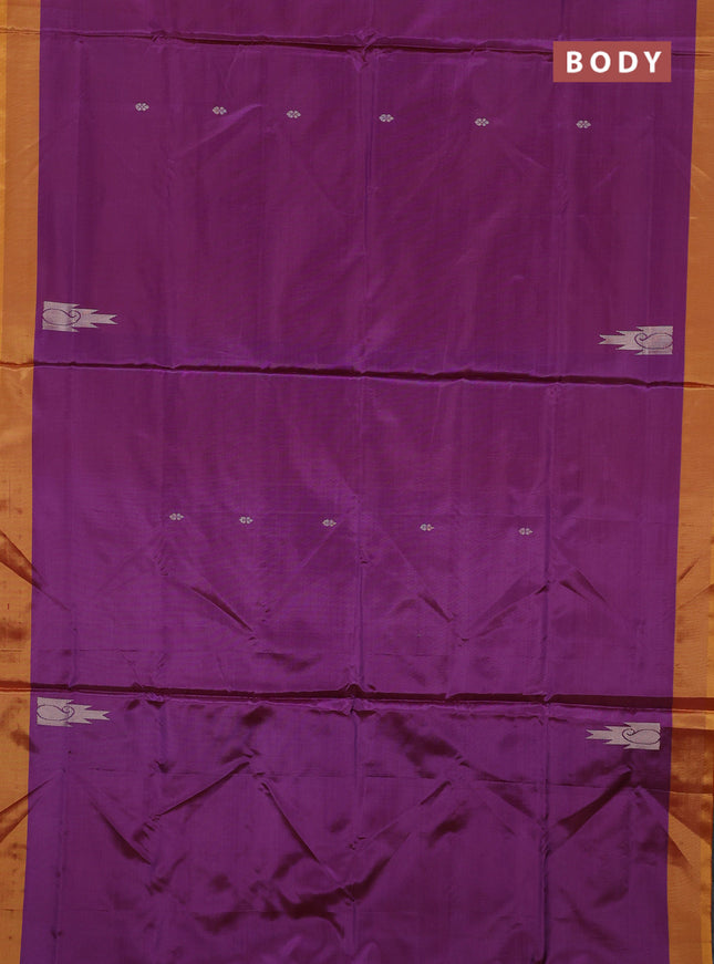 Banana pith saree purple and yellow shade with thread woven buttas and simple border