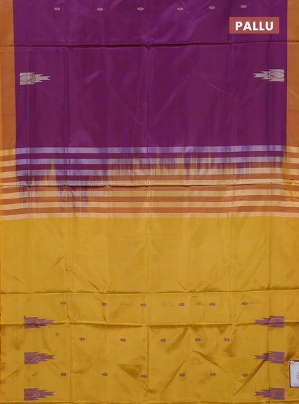 Banana pith saree purple and yellow shade with thread woven buttas and simple border