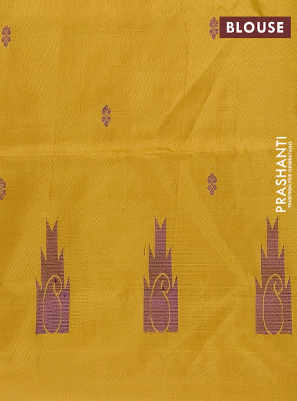 Banana pith saree purple and yellow shade with thread woven buttas and simple border