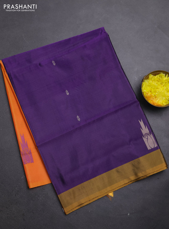 Banana pith saree violet and orange with thread woven buttas and simple border