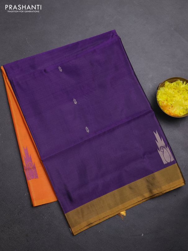 Banana pith saree violet and orange with thread woven buttas and simple border