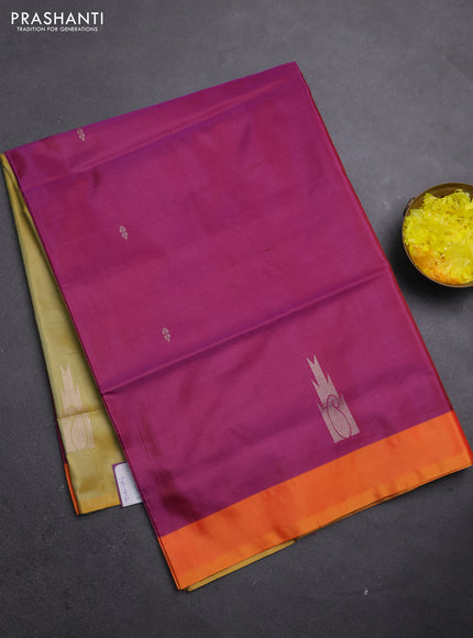 Banana pith saree magenta pink and yellow shade with thread woven buttas and simple border