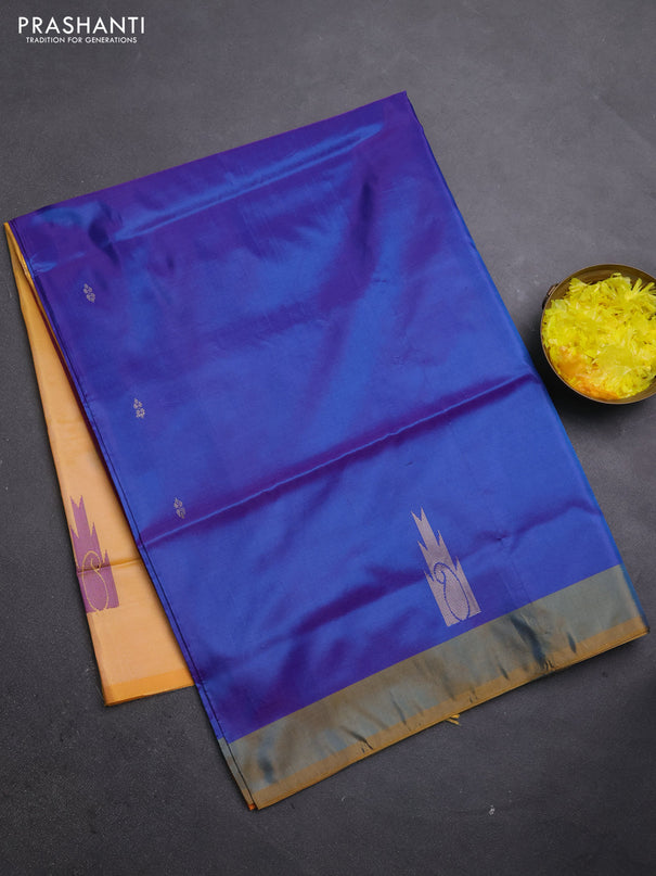 Banana pith saree violet and mango yellow with thread woven buttas and simple border