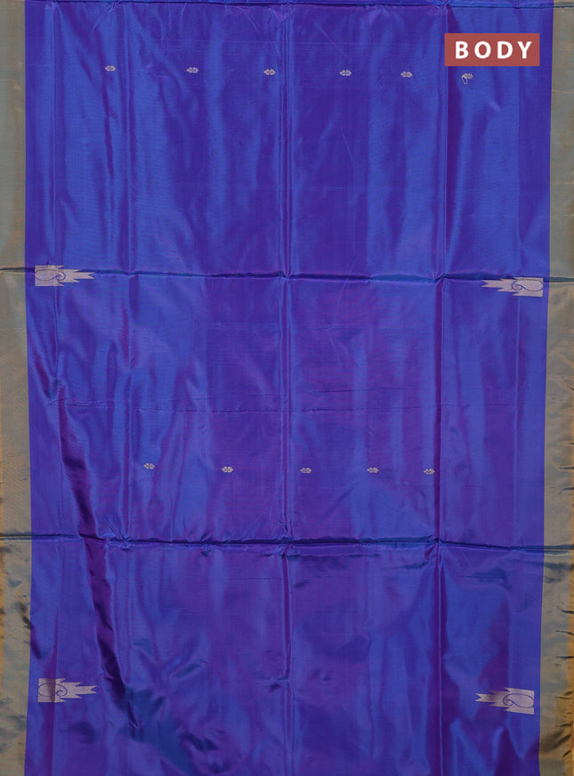 Banana pith saree violet and mango yellow with thread woven buttas and simple border