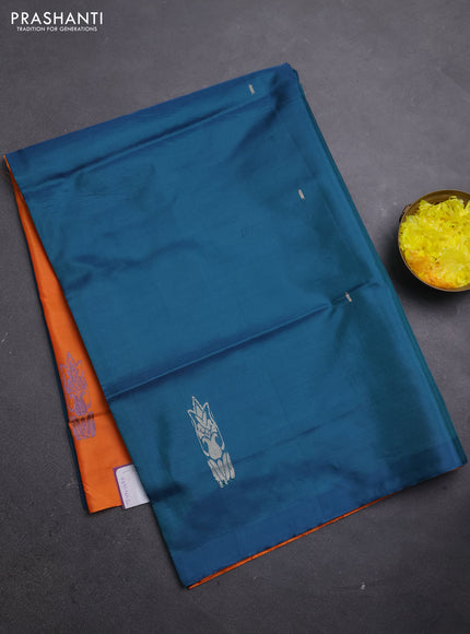 Banana pith saree peacock green and orange with thread woven buttas in borderless style