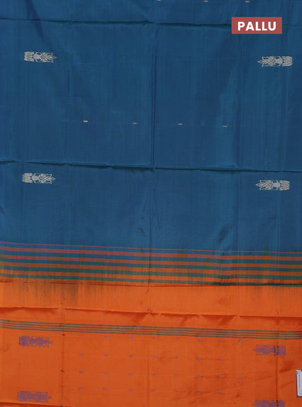 Banana pith saree peacock green and orange with thread woven buttas in borderless style