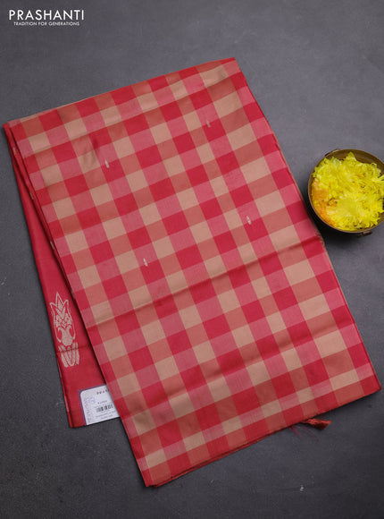 Banana pith saree beige and maroon with allover checks & thread woven buttas in borderless style