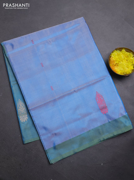 Banana pith saree pastel blue and green shade with thread woven buttas and simple border