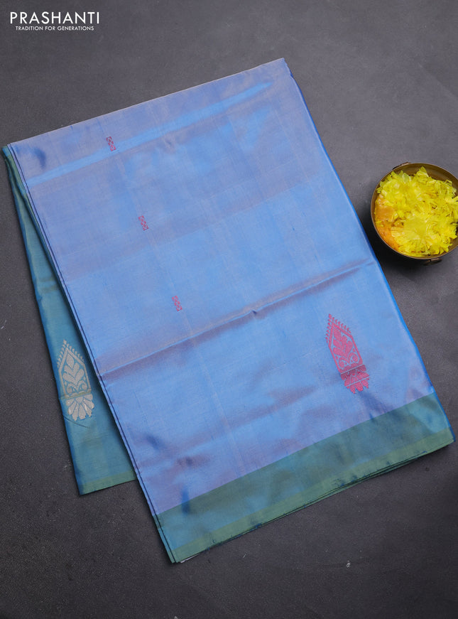 Banana pith saree pastel blue and green shade with thread woven buttas and simple border