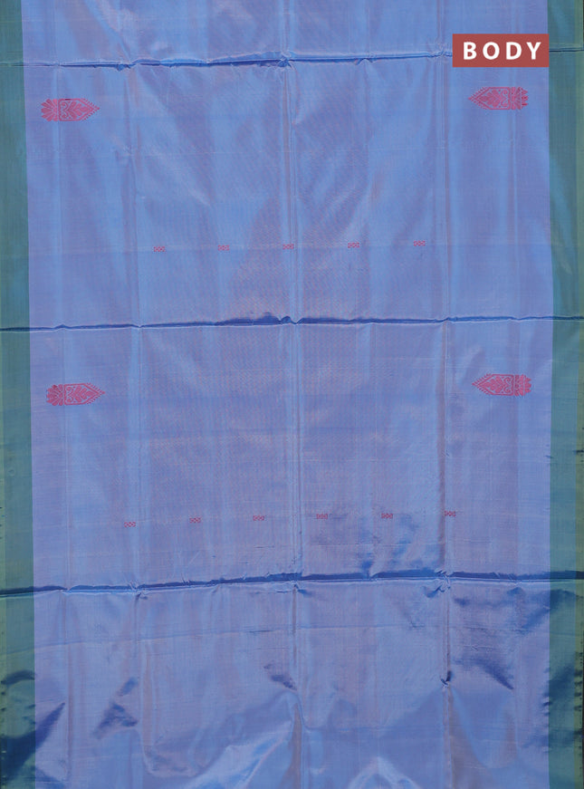 Banana pith saree pastel blue and green shade with thread woven buttas and simple border