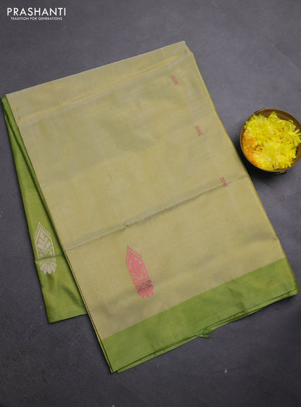 Banana pith saree pista green shade and light green with thread woven buttas and simple border