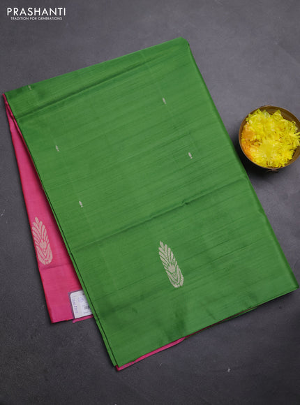 Banana pith saree green and pink with thread woven buttas in borderless style