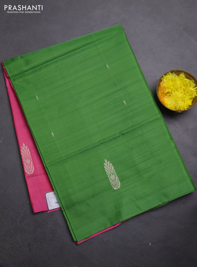 Banana pith saree green and pink with thread woven buttas in borderless style