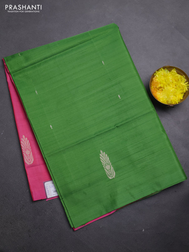 Banana pith saree green and pink with thread woven buttas in borderless style