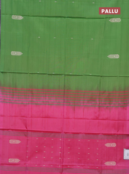 Banana pith saree green and pink with thread woven buttas in borderless style