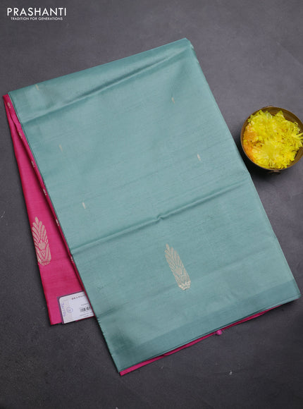 Banana pith saree pastel green shade and pink with thread woven buttas in borderless style