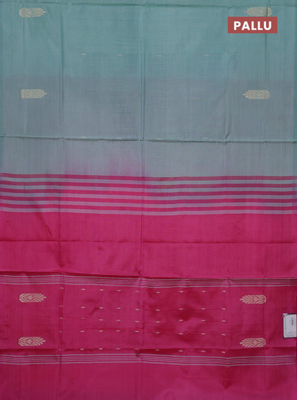 Banana pith saree pastel green shade and pink with thread woven buttas in borderless style