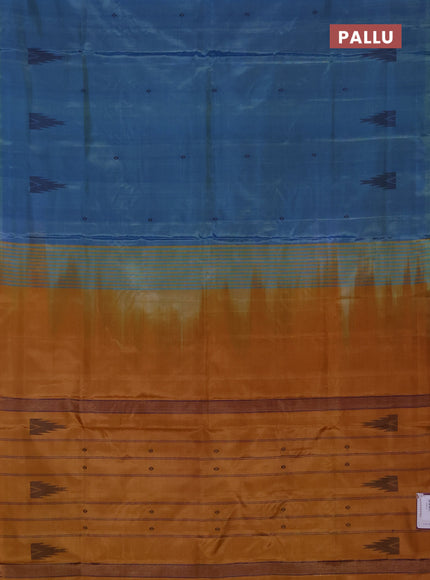 Banana pith saree blue and mustard with thread woven buttas in borderless style
