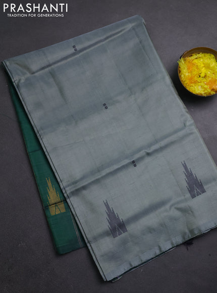 Banana pith saree grey shade and dark green with thread woven buttas in borderless style