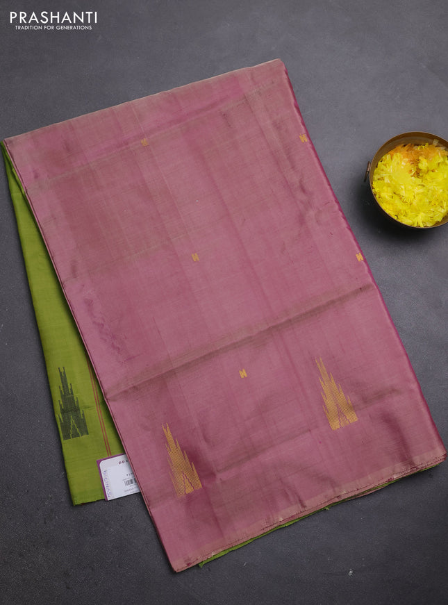 Banana pith saree dual shade of pink and green with thread woven buttas in borderless style