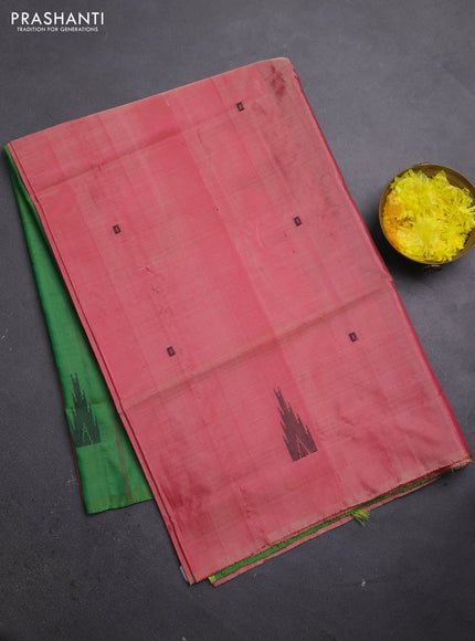 Banana pith saree pink shade and green with thread woven buttas in borderless style