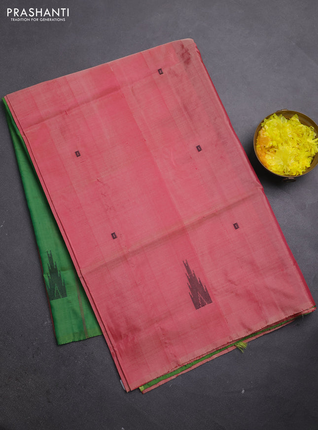 Banana pith saree pink shade and green with thread woven buttas in borderless style