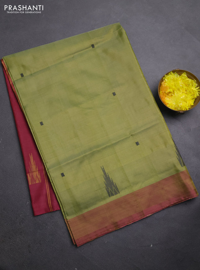 Banana pith saree mehendi green and maroon with thread woven buttas and simple border