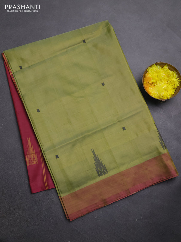Banana pith saree mehendi green and maroon with thread woven buttas and simple border