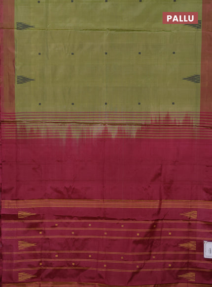 Banana pith saree mehendi green and maroon with thread woven buttas and simple border
