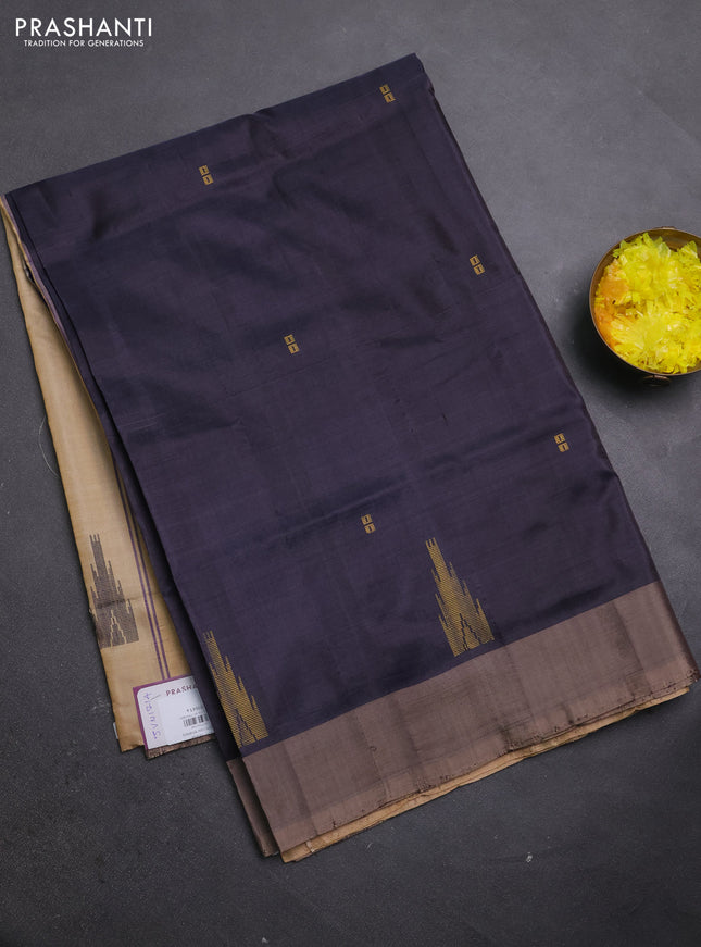 Banana pith saree dark grey and sandal with thread woven buttas and simple border