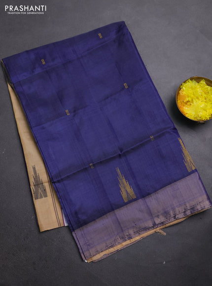 Banana pith saree navy blue and sandal with thread woven buttas and simple border