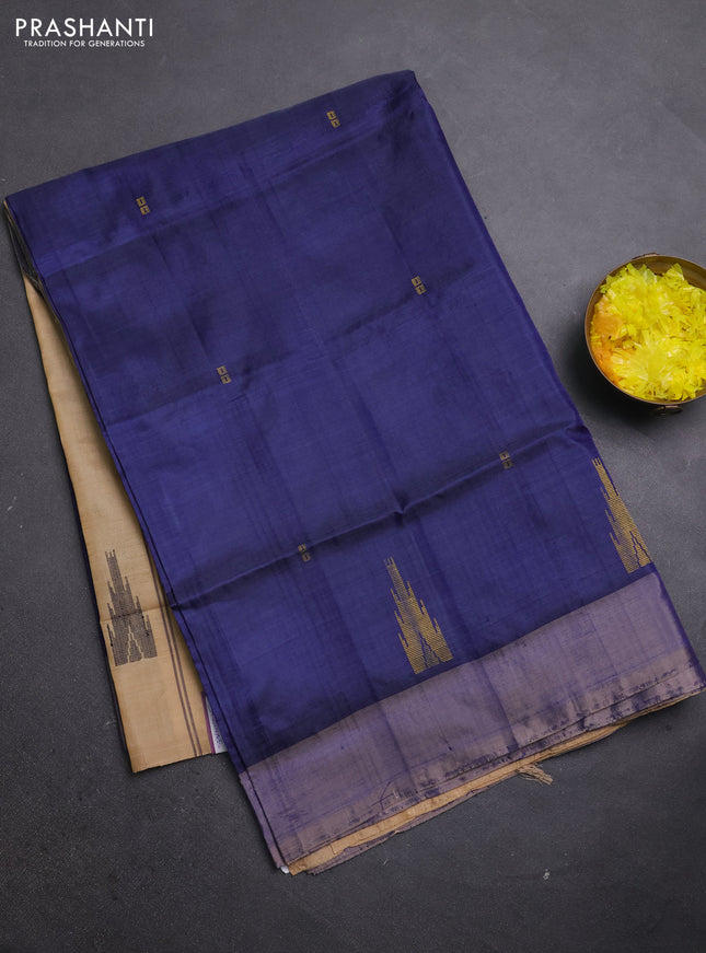 Banana pith saree navy blue and sandal with thread woven buttas and simple border