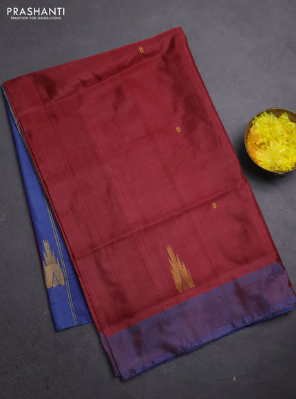 Banana pith saree maroon and blue with thread woven buttas and simple border