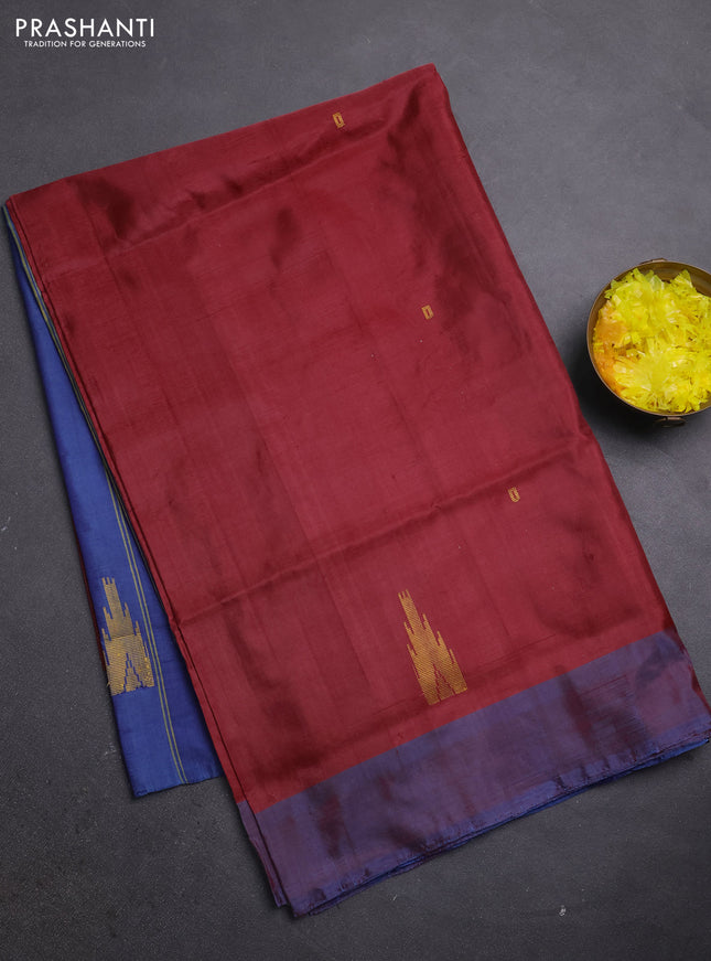 Banana pith saree maroon and blue with thread woven buttas and simple border