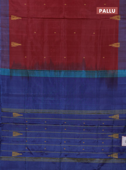 Banana pith saree maroon and blue with thread woven buttas and simple border
