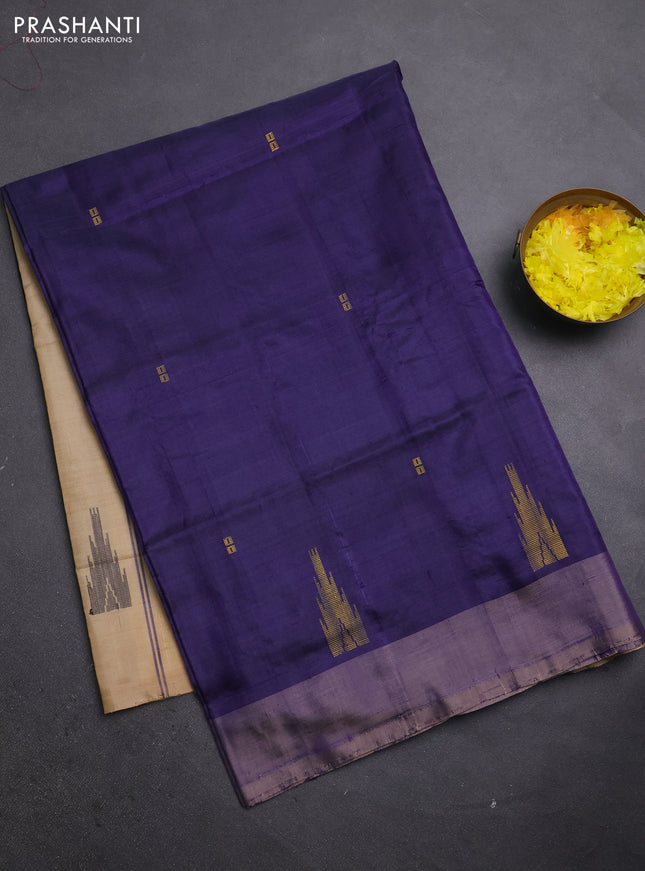 Banana pith saree navy blue shade and sandal with thread woven buttas and simple border