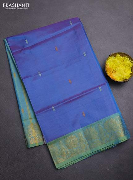 Banana pith saree peacock blue and teal green with thread woven buttas and zari woven border