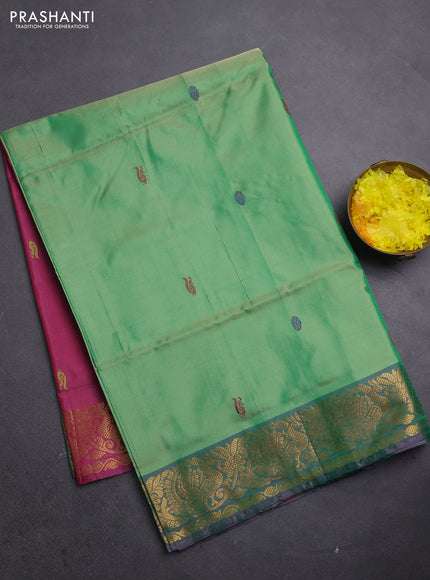 Banana pith saree green shade and maroon with thread woven buttas and zari woven border