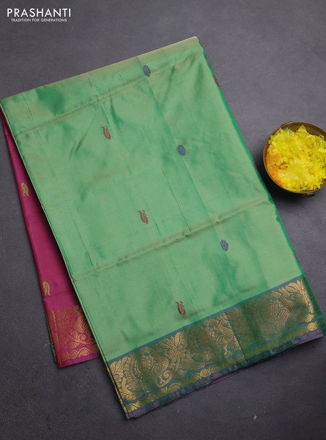 Banana pith saree green shade and maroon with thread woven buttas and zari woven border